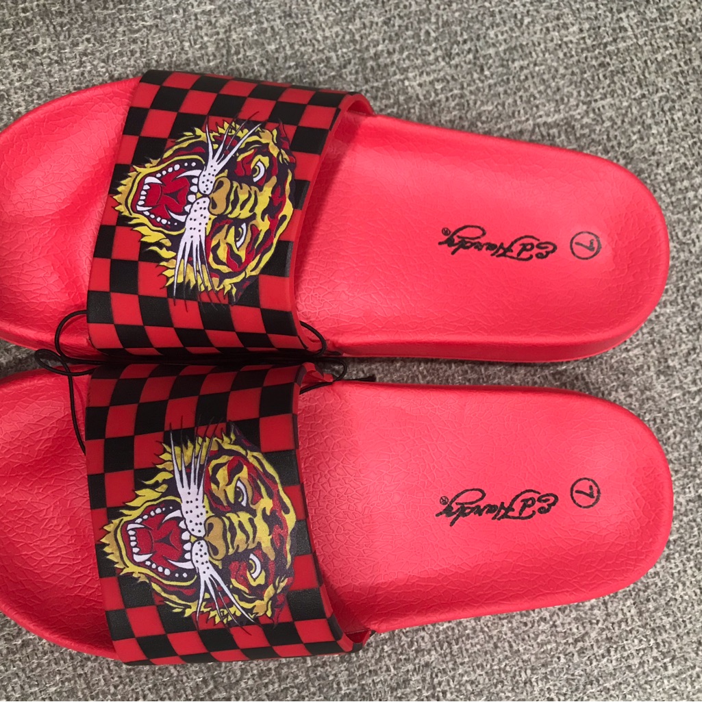 Brand New Ed Hardy Red Slide Sandals With Tiger Design